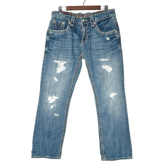 Rock Revival | Men | Duke Relaxed Straight Rocker Distressed Denim Jeans | Sz 32 - Picture 2 of 15